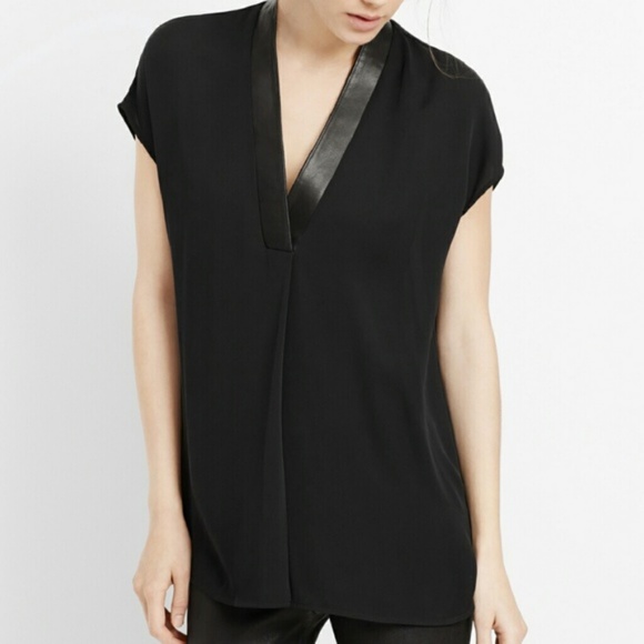 Vince Tops - Vince Black Silk Leather V neck Popover blouse XXS